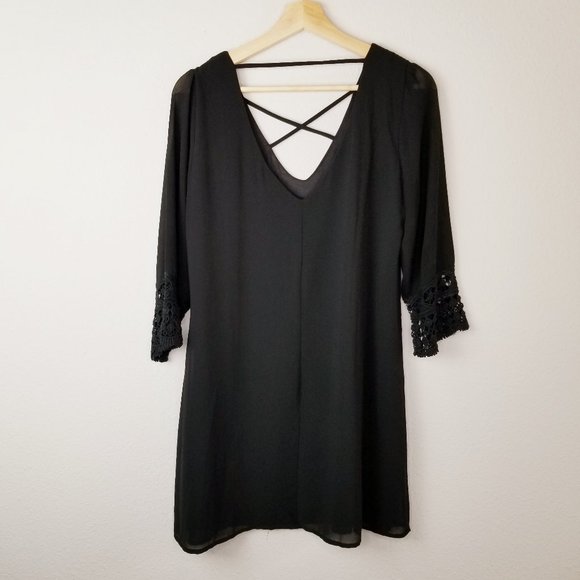 Want and Need Crochet Sleeve Shift Dress Black - Picture 4 of 14